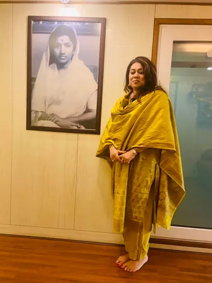 A moment of quiet reflection next to a portrait of Lata Ji. Her legacy is a guiding light for every vocalist, and I feel a deep sense of gratitude recording in a studio dedicated to her.