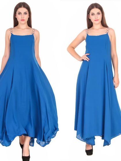 A two-pose image of a model in a flowing blue maxi dress against a white background, showing both the fit and fabric movement.