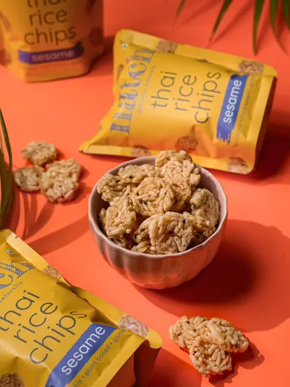 For this packaged snack shoot, I used a vibrant, color-blocked background to make the product pop. The styling is clean and modern, showing how I create eye-catching images for brands that want to stand out.