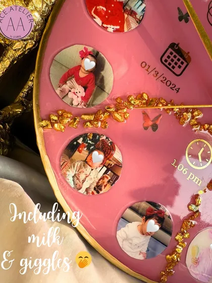 A detail shot focusing on the birth date and time on the custom baby clock, a precious reminder of when the giggles began.