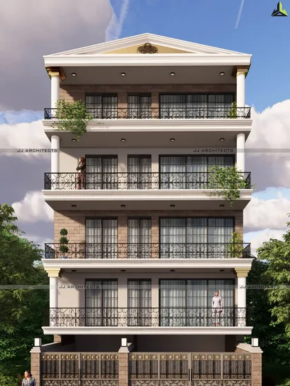A similar classically inspired design, this time incorporating columns and a pediment at the top, catering to clients with a preference for neoclassical architecture.