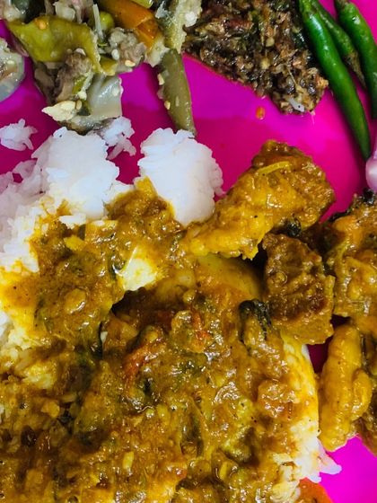 A close up of my delicious masala beef curry lunch plate.