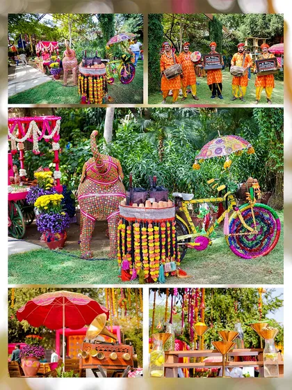 More details from the carnival, including dhol players, decorated bicycles, and an elephant statue made of fabric. These elements added to the whimsical and cultural charm of the event.