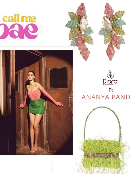 Another look from "Call Me Bae". Ananya Panday's fun, color-blocked outfit is styled here with our colorful beaded earrings and a quirky feather bag to match the playful vibe.