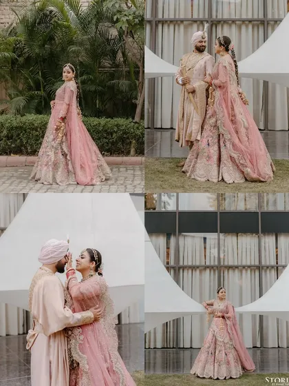 A collection of portraits of Sagar and Riya, capturing their loving interactions and elegant wedding outfits.