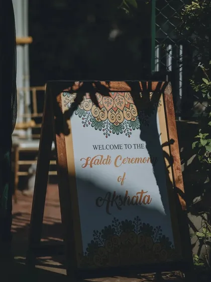 A beautifully designed welcome sign for a Haldi ceremony. The traditional mandala art and warm colors set the perfect tone for this auspicious and fun-filled event.