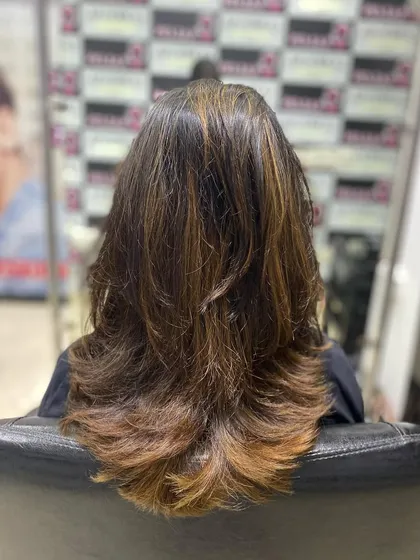 A layered cut combined with warm, honey-toned highlights. This is a great way to add the appearance of volume and texture to fine or medium hair.