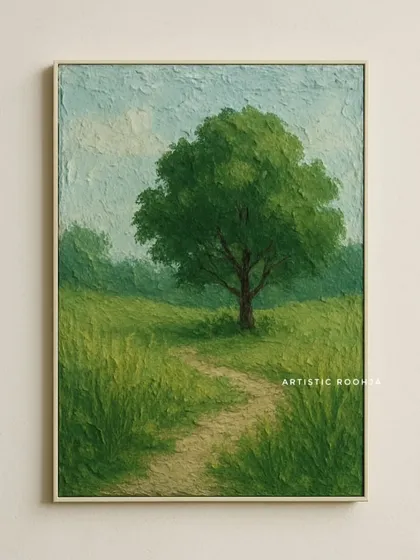 Another version of a textured landscape, this time with a prominent tree. The built-up paint gives the foliage and grass a sense of movement and life.