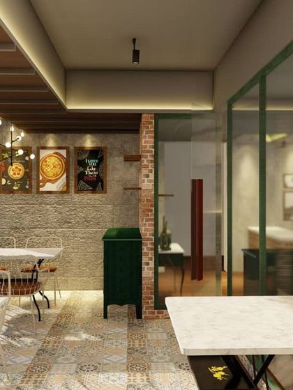 A 3D visualization of the pizzeria's outdoor seating area. The design incorporates exposed brick, string lights, and simple cafe-style furniture to create an appealing streetside presence.