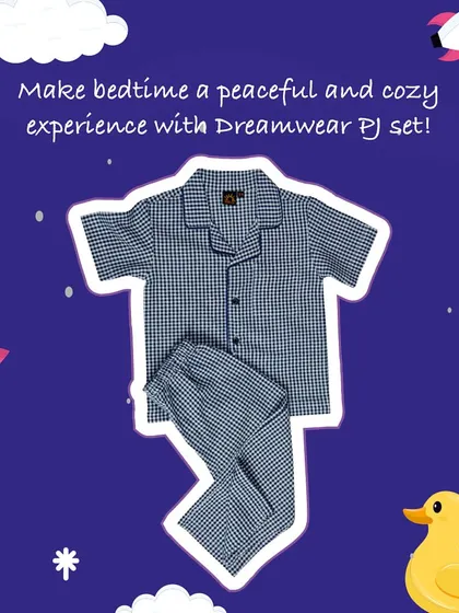 The same Dreamwear PJ set, shown here in a stylish blue woven check pattern. A perfect choice for a peaceful and cozy bedtime experience.