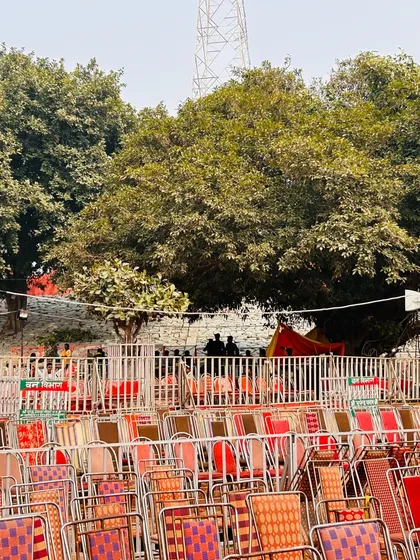 The seating and sound setup in preparation for the evening's festivities in Ayodhya. Our event technical crew ensures every component is in place and tested long before the audience arrives.