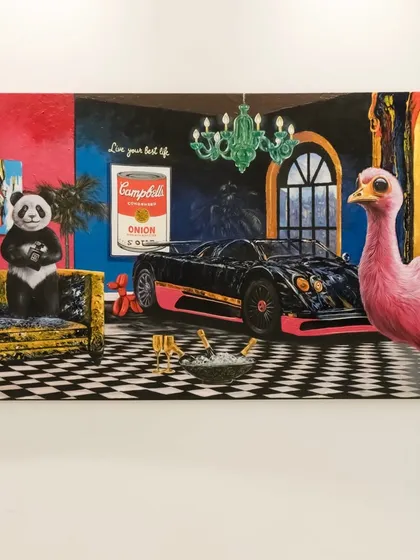 This piece, "Pagani, Prada & pandemonium," is a living room turned luxury theatre. It draws from both pop surrealism and influencer maximalism, where every object is branded and every animal is camera-ready. It's a commentary on the curated world we live in, where aesthetic is everything.