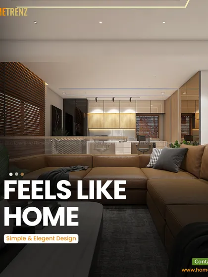 A home should feel simple, elegant, and comfortable. This open-plan living space uses a warm leather sofa and natural wood tones to create an environment that is instantly welcoming.