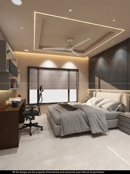 A full view of the guest bedroom, showing the balance between the dark accent wall and the light-colored flooring and ceiling, creating a spacious and modern feel.