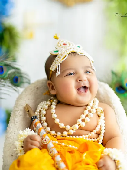 The infectious giggle of a little one dressed as Krishna is simply priceless. My festive photoshoots are designed to capture these divine moments with colorful and authentic setups.