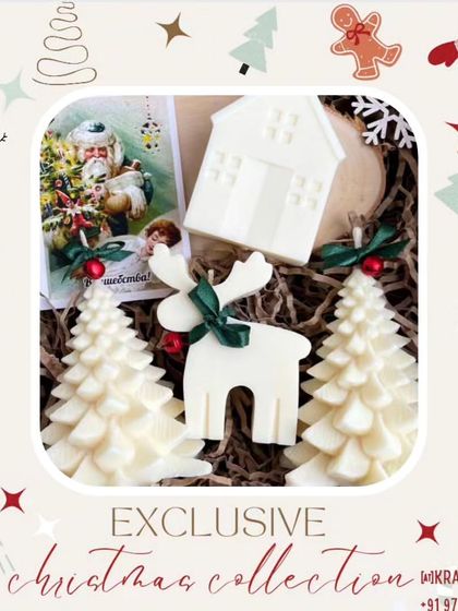 My exclusive Christmas collection includes these beautiful, hand-poured soy wax candles shaped like Christmas trees. They come in various colors and are perfect for festive decor.