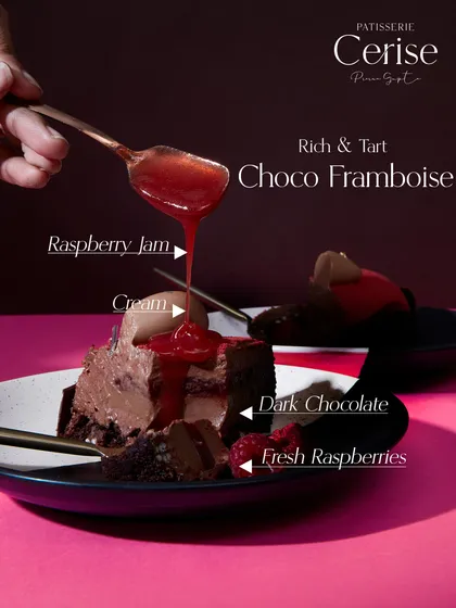 A diagram of the Choco Framboise, showing how the raspberry jam, cream, dark chocolate, and fresh raspberries come together for a rich and tart experience.