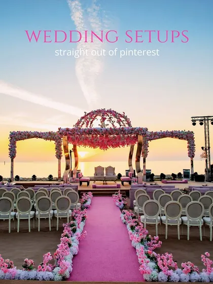 A stunning beachside mandap at sunset, featured in a collage of "Pinterest-worthy" wedding setups, highlighting our expertise in creating dream destination weddings.