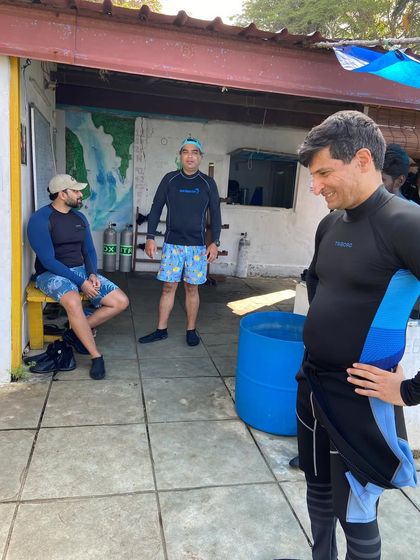 Divers chatting at the dive center in the Andamans.