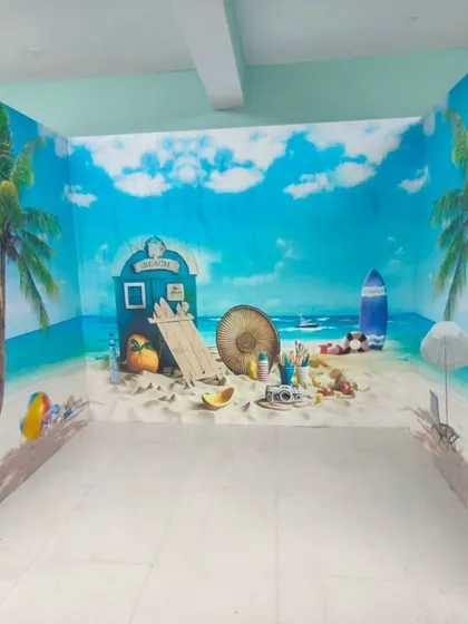 This immersive beach scene mural covers three walls, creating a fun, 3D-like effect perfect for a photo booth, event space, or a themed retail store.