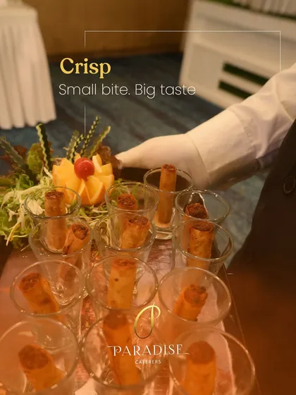 A tray of our crispy roll starters, elegantly presented and ready to be served. Even a small bite delivers big taste.