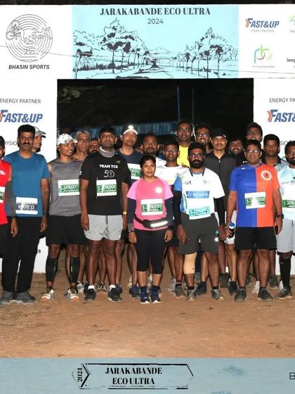 The starting line of the Jarakabande Eco Ultra, where runners gather before taking on the forest trails. We ensure every race begins with high energy and clear instructions for all participants.