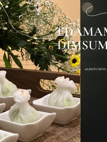 Delicate Edamame Dimsum, shaped like money bags and served in individual ceramic boats, a favorite from our Pan-Asian menu.