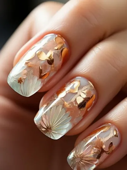 A close-up of a stunning encapsulated design. This look features delicate, paper-like flowers and gold foil pieces sealed within the nail for a 3D effect.