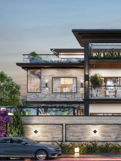 This perspective highlights the interplay of light and shadow on the bungalow's facade. The cantilevered roofs and recessed windows provide protection from the sun while creating a visually complex and engaging exterior.