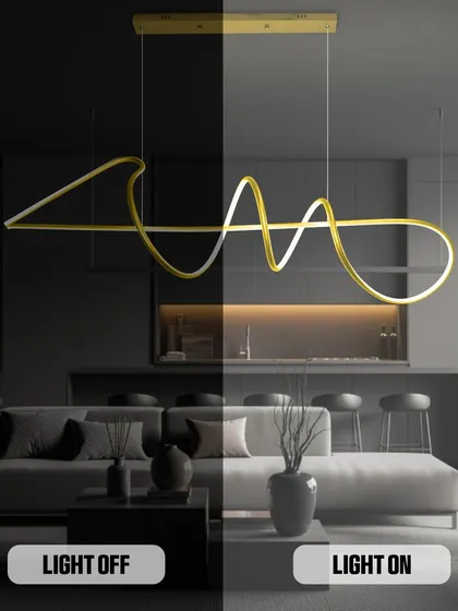 This image shows the before and after effect of our linear ribbon chandelier. Even when off, its golden sculptural form is beautiful. When on, it provides a seamless line of light, perfect for modern living spaces.