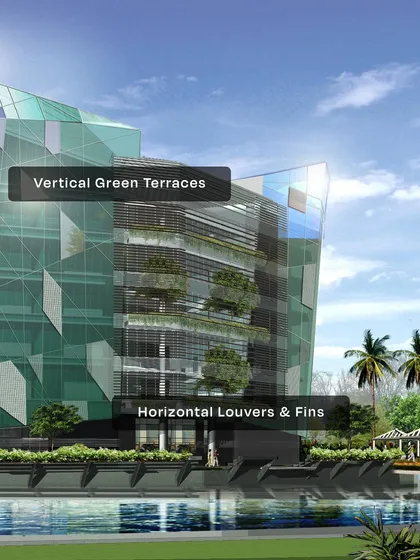 This architectural concept shows our vision for large-scale, sustainable design. The building's facade incorporates vertical green terraces and horizontal louvers, not just for aesthetic appeal but to improve energy efficiency and integrate nature into the urban environment. It reflects our commitment to creating structures that are both beautiful and responsible.