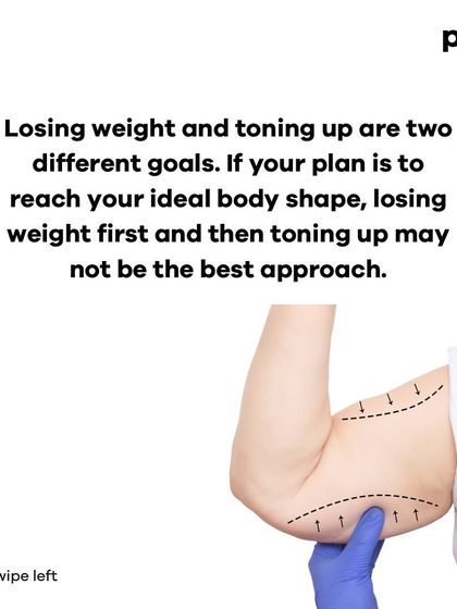 This carousel explains the difference between weight loss and toning. It highlights that the best approach is to combine a balanced diet with regular strength training from the start, rather than losing weight first and toning later.