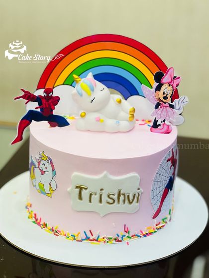 A unique cake combining three favorite themes: Spider-Man, Minnie Mouse, and a sleepy unicorn under a rainbow. It shows how I can create a truly personalized cake for your child.