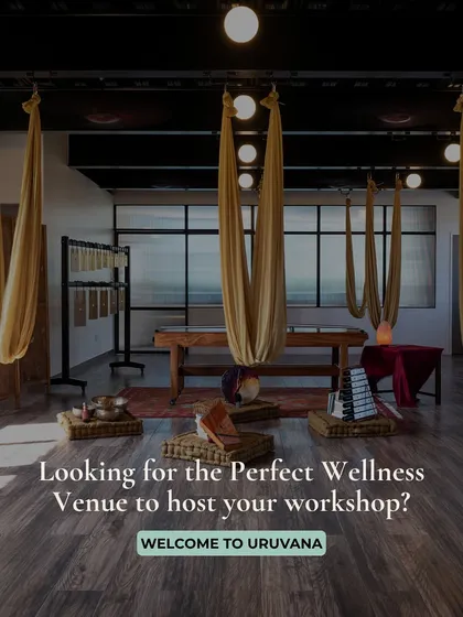 Hero Item. Welcome to Uruvana. This is the perfect wellness venue to host your workshop, set up with aerial silk hammocks for yoga, our Svaram Sonorium for sound healing, and floor cushions for intimate circles. I created this space to be a beautiful and functional sanctuary for practitioners.