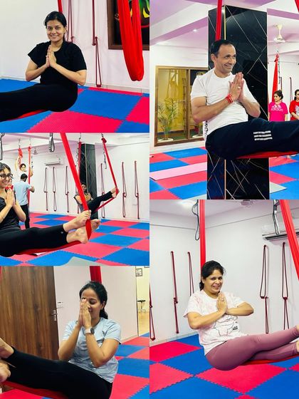This collage captures the happy faces of our community. Students of all ages and backgrounds come together to find joy and wellness in our aerial yoga classes.