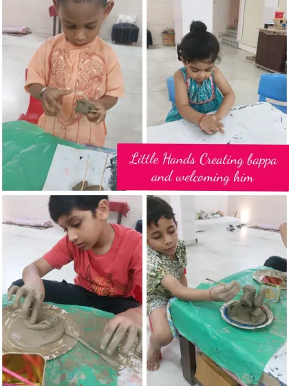 "Little Hands Creating Bappa." This collage captures the focus and joy of our Ganpati workshop, where children of all ages connected with culture and creativity through clay.