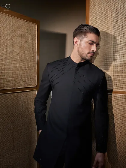 A closer look at the embroidered Achkan, showing how the subtle detailing catches the light. It's a piece for the man who appreciates quiet confidence and masterful craftsmanship.