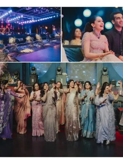 A collage showing the different facets of a Sangeet night: the lavish decor, the couple enjoying the show, and the family taking over the dance floor.