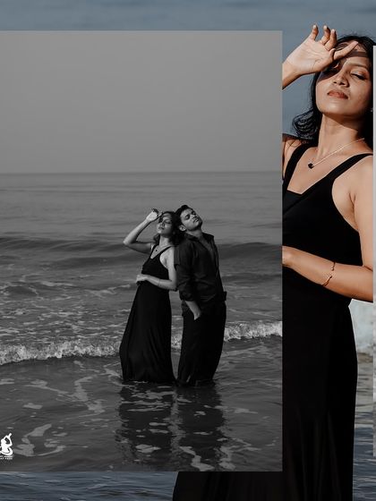 An artistic collage of a couple in the water, blending black and white imagery with the natural textures of the ocean.