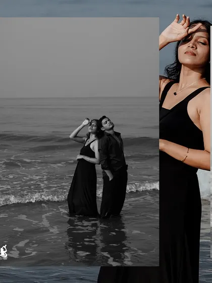 An artistic collage of a couple in the water, blending black and white imagery with the natural textures of the ocean.