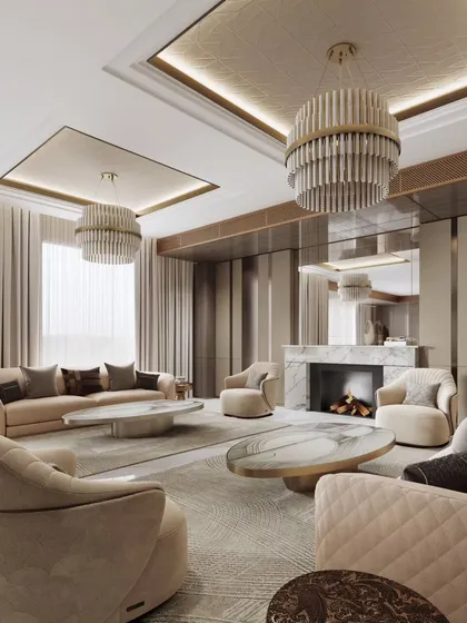 An alternate view of the grand living room, this render provides a different perspective on the spacious layout and symmetrical design. It highlights the dual chandeliers and the elegant arrangement of the seating areas.
