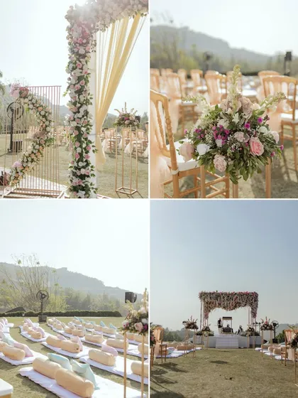 A collage of the stunning floral decor at a sunny, outdoor wedding. The pastel theme and elegant arrangements created a dreamy atmosphere for the ceremony.