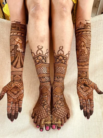The full bridal look for an NRI bride from San Francisco, with custom skyline mehendi on her arms and beautifully matching floral designs on her feet.