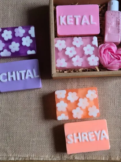 I can create matching personalized hampers for a group of friends. Here you can see custom name soaps for Ketal, Chital, and Shreya, each with a unique color scheme.