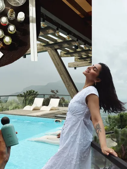 A collage showing me enjoying the infinity pool and the products at the Westside monsoon retreat.