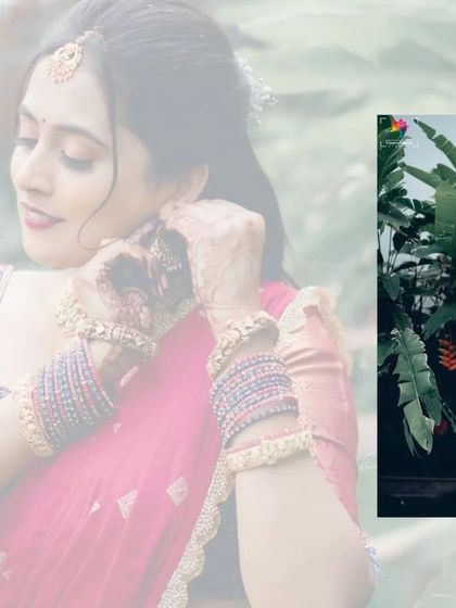 A collage showing the bride getting ready and posing in her vibrant half saree. It captures both the preparation and the final stunning look.