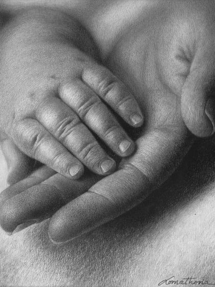 Titled "Care," this is a drawing of a baby's hand resting in an adult's. This piece was featured in the Mazda Art Calendar for 2025.