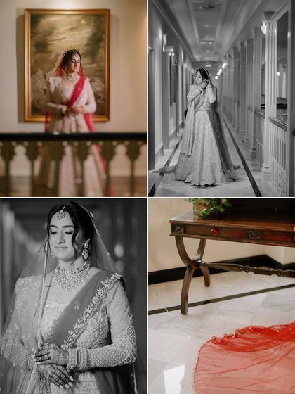 A collection of elegant portraits of the bride, showcasing her in the beautiful corridors of the hotel. These quiet, solitary moments are a beautiful part of the story.
