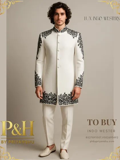 The full view of the white and black embroidered Indo-Western suit, a perfect choice for a summer wedding or a statement reception look.