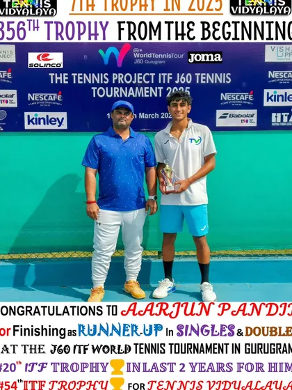 A double podium finish for Aarjun Pandit, finishing as the runner-up in both Singles and Doubles at the J60 ITF World Tennis Tournament in Gurugram.